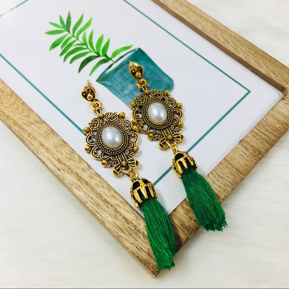 Only ships with $15 orders. Green Tassel Earrings - Picture 3 of 3